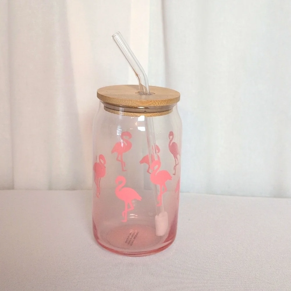 Flamingo Glass Tumbler with Straw Set Of 2 16oz. Each NWOT